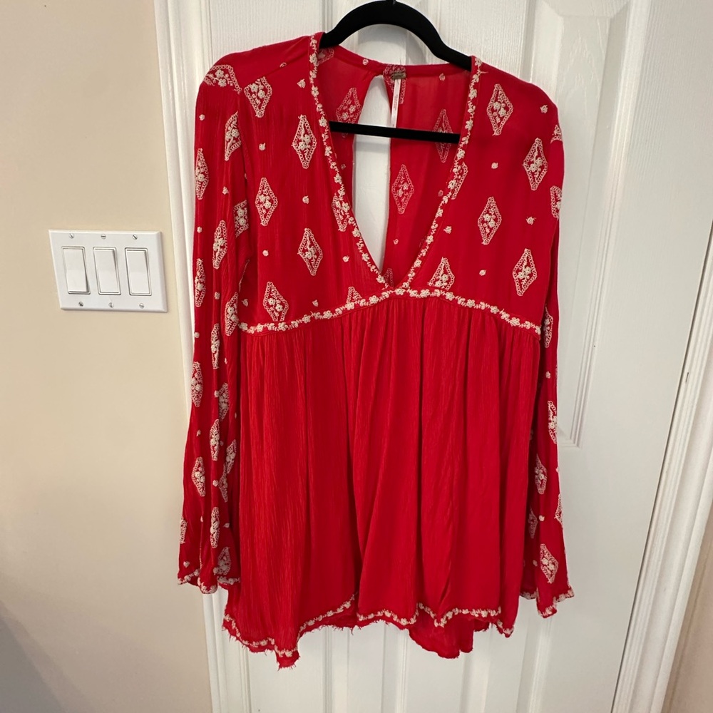 Free People Red Graphic Bell Sleeve Dress